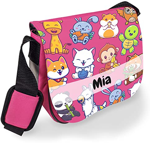 Kindergartentasche mit Namen für Mädchen und Jungen – Süße Umhängetasche für Kinder mit Namen personalisiert – Kindertasche als Geschenk zur Einschulung, Kita und Freizeit (Pink, Tiere)