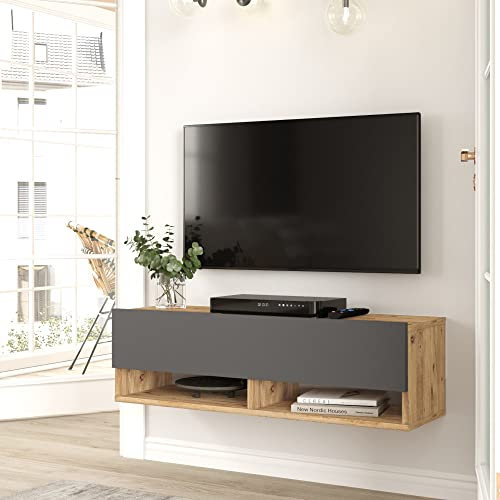 [en.casa] TV Board Laitila TV Schrank mit 2 Ablagen 2 Schranktüren Lowboard Fernsehtisch 100 x 31,5 x 29,5 cm Sideboard hängend Eiche rustikal/Anthrazit