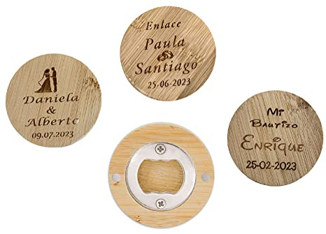 Regalo Grabado - 25 Abridores Personalizados de Madera de Bambú | Abrebotellas Magnetico | Abrebotellas con Grabado Láser Único para Bodas, Comuniones, Bautizos | Unidades (25)