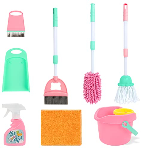 deAO Kids Cleaning Set, Household Toys, Housekeeping Pretend Play Set, Include Broom, Mop, Duster, Dustpan, Brushes, Cleaning Role Play Tools, Christmas Birthday Gifts for Boys Girls