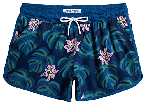 MaaMgic Short de Bain Femme Short Femme avec Poche Filet Séchage Rapide Hotpants Respirant Short de Sport Feuilles de Fleurs Roses Bleu Marine L