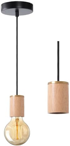 JIAHUA Oak Wood Pendant Light Fitting,Industrial Black Ceiling Rose,Braided Flex E27 Oak Wood Lamp Holder,Suspended Ceiling Pendant Light Fitting