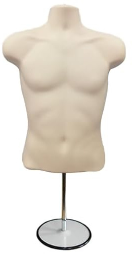 Display Guru Male Hanging Mannequin Half Body Form 3 Quarter Shop Bust Display With Round Stand (Skin Tone)
