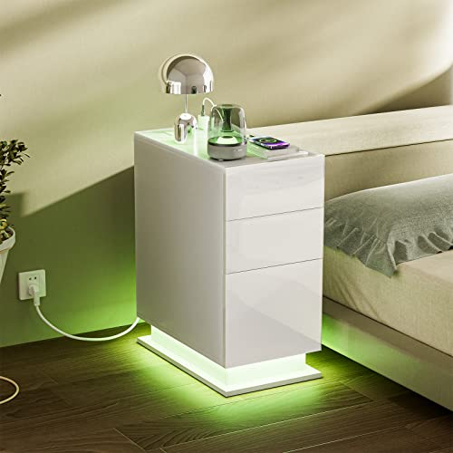 PIPIPOXER Nachttisch Weiß mit Steckdose & USB, Nachttisch LED mit 2 Schubladen, Nachtschrank Nachtkommode Led 16 Farben Beleuchtung Beistelltisch für Schlafzimmer, 50x30x63cm