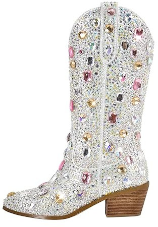 MissHeel Cowboy Boots - Stivaletti lucidi con tacco a imbuto, con brillantini, con pietre decorative, argento, 45 EU