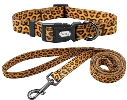 Ovale Hundehalsband-Leinen-Kombi-Set, Leopardenmuster, Halsband und 1,5 m passende Leine, für kleine Hunde (Größe S, Leopard)