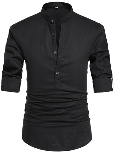 Anelune Linen Shirts Men's Button Down Shirts Casual Shirts T Shirts Summer Henley Shirt Breathable Button-Down Shirt Beach Short Sleeve Tops (S-2XL) Black
