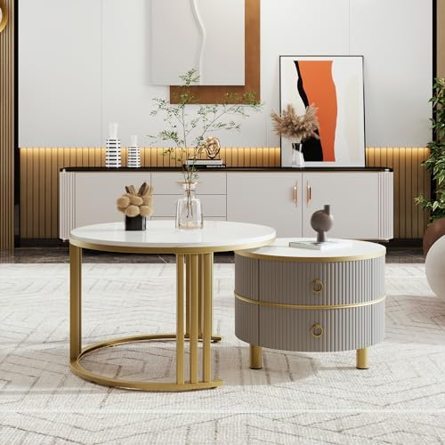 BTM Table Basse Ronde, Tables Basses Gigognes en Marbre Blanc MDF avec 2 Tiroirs, Table d'appoint de Salon avec Support en Métal Doré, 50 * 50 * 40 + 70 * 70 * 46cm, Blanc et Gris
