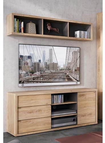 Lomadox Wohnzimmer Wohnwand in Eiche grifflos 2-teilig modern, 1 TV-Lowboard, 1 Wandregal