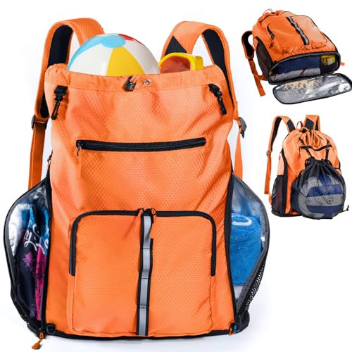 VIGEGARI Großer Strandrucksack, wasserdicht, sanddicht, übergroße Pooltasche mit Kordelzug und Schuhfach für Toilettenartikel, Handtuch, Orange/Abendrot im Zickzackmuster (Sunset Chevron), Drawstring,