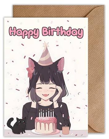 WBdesignz Anime Geburtstag Karte mit Umschlag - Katzen Mädchen Manga Geburtstagskarte Otaku Neko Girl Glückwunschkarte (DIN A6)