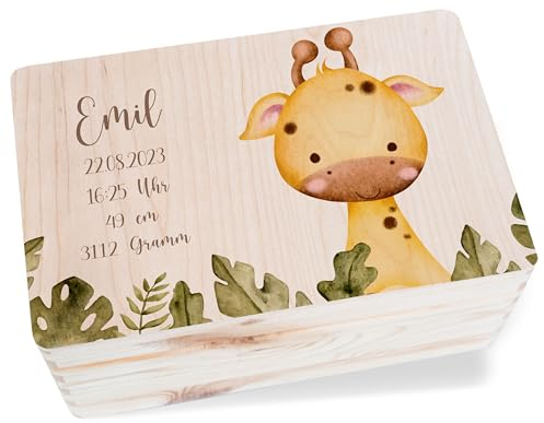 Holz Erinnerungsbox Geschenkbox Holzkiste - Personalisiertes Geschenk Baby Geschenk zur Geburt Giraffe Holzbox Geburtsdaten I Name I Datum I Gewicht I Größe I Uhrzeit - 30 x 20 x 14 - Holz