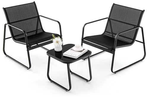 GOPLUS 3tlg. Gartenmöbel Set, Bistroset mit 2 Gartenstühlen & Beistelltisch, Balkonset Balkonmöbel Terrassenmöbel, Sitzgruppe Sitzgarnitur Outdoor für Garten Hof Veranda Terrasse (Schwarz)