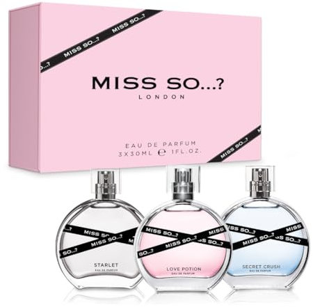 Miss SO...? Premium-Damenparfüm-Geschenkset, Starlet, Love Potion, Sugar Rush Eau De Parfum mit langanhaltendem Duft - Reisegröße Mini-Parfüm für Mädchen, Damen-Geschenksets (3 x 30ml)