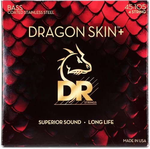 DR Strings Dragon Skin+ DBQ-45 – E-Bass Medium 45-105 | K3 Beschichtung, Lange Haltbarkeit, Natuerlicher Klang, Korrosionsschutz, Made in USA