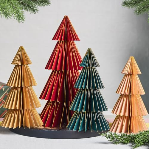 SUNBEAUTY 4 Stück Tischdeko Weihnachten Braun Papier Weihnachtsbaum Deko Grün Papier Waben Papierbäume Rot Weihnachtsdeko Innen Hellrosa Wiederverwendbar Christmas Deko