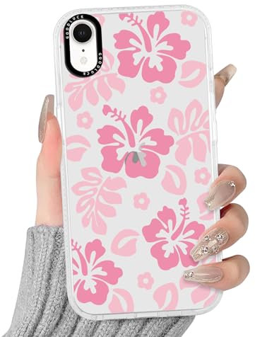 RUMDEY Clear Hibiscus Flower Case for iPhone XR 6.1, Cute Preppy Floral Crystal Pattern Aesthetic Design Soft Slim Anti-Yellow Protective Shockproof TPU Phone Cover for Women Girls - Pink