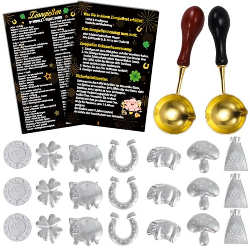 DPKOW 21 Silvester Zinngießen Bleigießen Set, Zinnfiguren und 2 Löffeln Anleitung Orakelheft, Silvester Spiele Neujahrsgeschenke Glücksschwein Kleeblatt Hufeisen Wachsgießen Silvester Blei Gieß Set