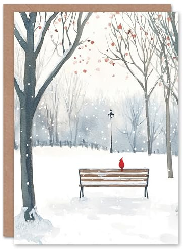 Artery8 Park Winter Snow Scene Cardinal Bird Blank For Him Or Her Art Xmas Festive Christmas Card
