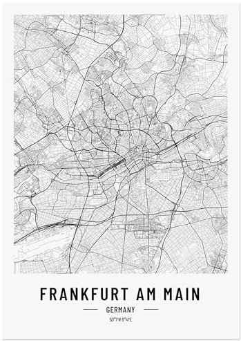 JUNOMI® Frankfurt Poster 50x70 cm Wohnzimmer Deko, Modernes Wandbild, Frankfurt Bild, Wandbild ohne Rahmen, Stadtplan Poster Frankfurt, perfekte Geschenkidee für Frankfurter