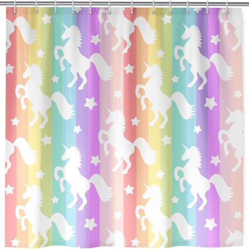ANHOPE Rideau de Douche Coloré Rainbow Licorne Étoiles Anti Moisissure Lavable Imperméable Tissu Polyester Rideaux de Douche avec 12 Crochets pour Salle de Bain Baignoire Famille Hôtel 180 x 200 cm