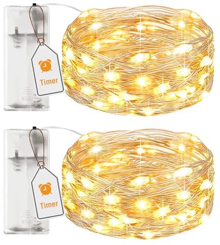 btfarm 2 Pack Fairy Lights Battery Operated with Timer, 2M 20LED Small Sliver Wire String Lights Waterproof, Micro Battery Powered Christmas Lights for Indoor Bedroom Party Wedding, Warm White