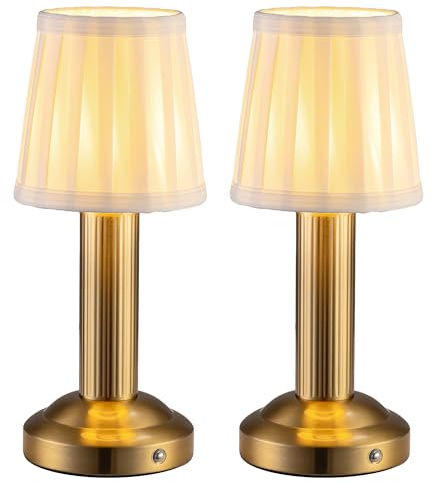 VISDANFO 2 lampes de table LED sans fil, avec batterie de 4000 mAh, réglables, vintage, avec abat-jour en tissu, lampe tactile pour chambre à coucher, bar, restaurant (or).