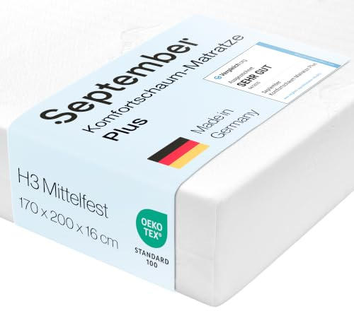 September Matratze Plus 170x200 cm H3 mittelfest 7 Zonen Höhe 16 cm | Made in Germany, OEKO-TEX STANDARD 100, CertiPUR, Komfortschaum, Aloe Vera Bezug, Reißverschluss, Abnehmbar, Waschbar 60°C