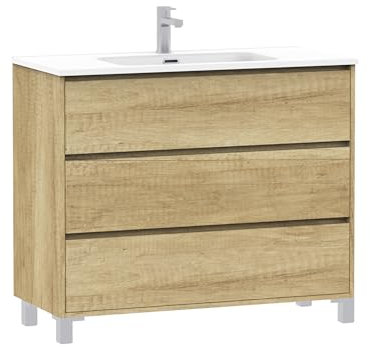 Baikal Mueble de Baño Lex. Mueble MONTADO. 3 Cajones con Patas con Lavabo. Armario de Baño. 100cm Nature