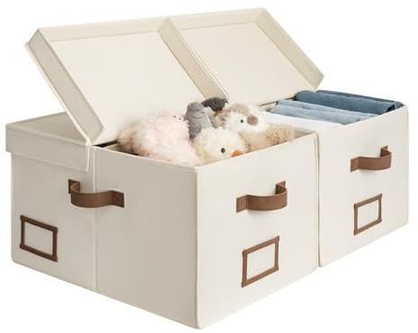 StorageWorks Extra Large Storage Boxes with Lids, Decorative Wardrobe Storage Organiser with Divider Board, Clothes Storage Basket for Bedroom, Fabric Boxes with Handles, Ivory White, 2-Pack