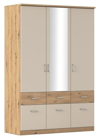 Kleiderschrank - 136 x 199 cm - 3 Türen - Artisan Eiche Dekor - Champagnerfarben - mit Spiegel