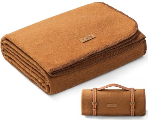 Molithe Decke aus 100% Wolle, 157,5 x 218,4 cm, warm, dick, waschbar, Militär-Wolldecke, ideal für Camping, Outdoor, Sportveranstaltungen, Survival-Kits, Dunkles Kamel