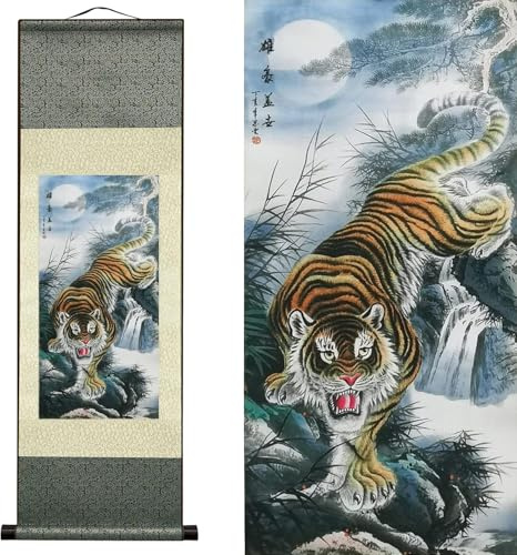 AtfArt Silk Scroll Painting Asian Wall Decor Animal - Deterrence Tiger - Tiger Majesty Domineering Beautiful Chinese Art Wall Scroll Hanging Painting Scroll Oriental Decor(36.2x12in)