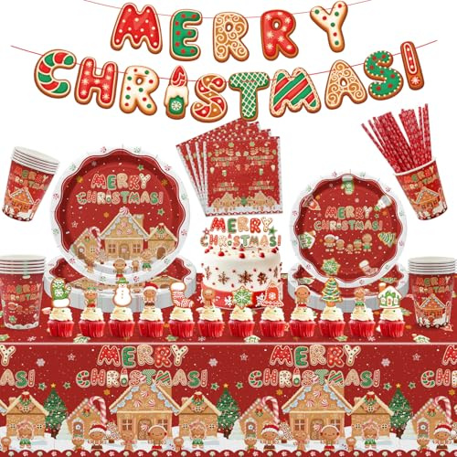 Decorazioni per feste di Natale, piatti di carta di pan di zenzero, striscioni, decorazioni per torte, tovaglioli con fiocchi di neve, tazze, tovaglia, set di stoviglie di Natale per feste invernali e