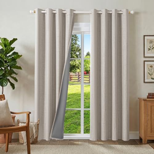 Runyéla 100% Verdunklungsvorhänge Leinen Gardinen mit Ösen, Thermovorhang | 2er Set, H200xB140 Grauweiß, Leinenoptik Vorhang Blickdicht, UV-Schutz Wärmeisolierend Schallschutz Schlafzimmer Wohnzimmer