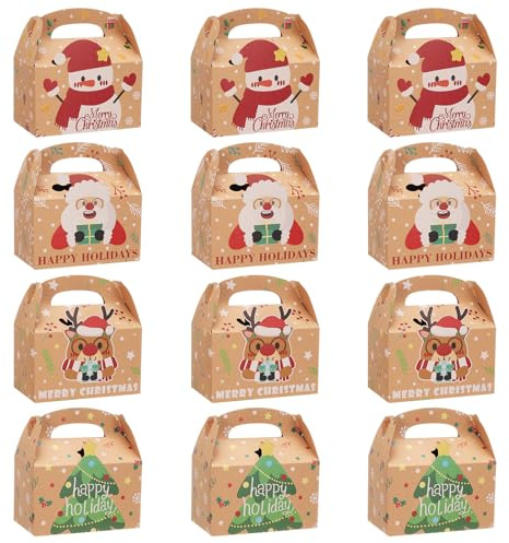 Kyrio 12 PCS Weihnachten Kraft Geschenk-Boxen mit Griff, Kraft Süßigkeiten Boxen mit lebendigen Druck, Keks-Boxen für Geschenk, für Party Geschenke Süßigkeiten Schokolade Leckereien und Cookies