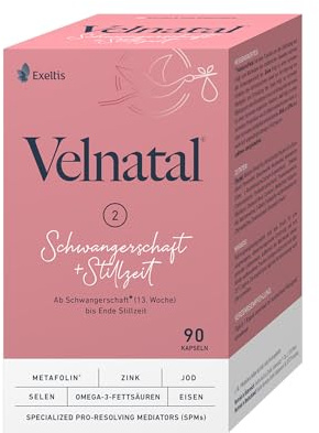 Velnatal Schwangerschaft + Stillzeit, mit Omega-3, 90 Weichkapseln | Eisen, DHA & EPA, wichtige Vitamine & Mineralstoffe, für Mutter und Kind, glutenfrei, laktosefrei, 1x täglich 1 Kapsel