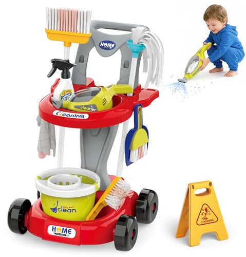 Bluocean Toddler Cleaning Toy Set, Kids Cleaning Set - Pretend Play Educational Kit with 2-in-1 Toy Vacuum, Mobile Cleaning Cart, Broom & Dustpan, Home Cleaning Toys for Boys Girls(Red)