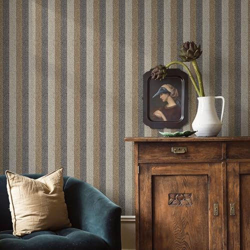 Simon&Siff Textured Fabric Wallpaper Peel and Stick 17.3x400 Beige/Brown/Grey Stripes Grasscloth Wall Paper Faux Linen Contact Paper Self-Adhesive Vinyl for Bedroon Bathroom Cabinets Accent Wall