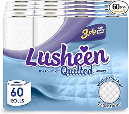 Lusheen Toilet Roll Bulk Buy - Pack of 60 Rolls (1 x 60 Packs) Quilted White 3 Ply Unscented & Lavender Fragrance Toilet Rolls (1 Pack- 60 Rolls) (Unscented)