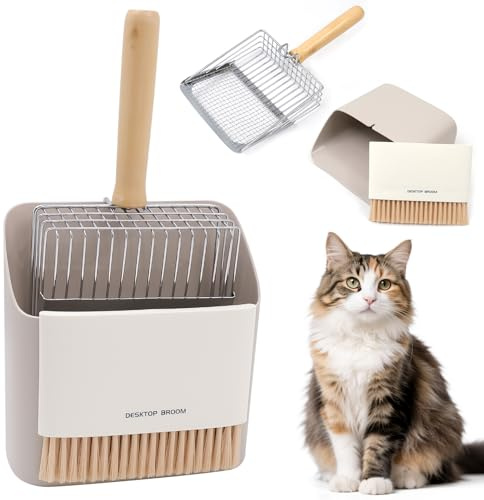 Cuchara para Arena de Gato con Soporte, Pala Tamiz de Acero Inoxidable con Caja Recogedora y Mini Cepillo, Montaje Adhesivo en Pared, Limpieza Rápida de Arena Aglomerante