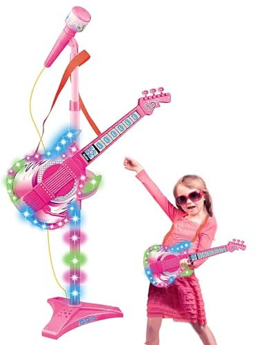 Guitarra para Niños - Juego De Micrófono | Juego De Micrófono Y Guitarra para Nios con Soporte Ajustable Y Música, Instrumento Musical Electrónico para Niñs Niñas, Rosa