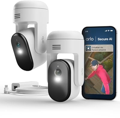 Arlo Essential 3 PTZ 2-Kamera-Set, Überwachungskamera Aussen, PoE Adapter | 360° HD Überwachungskamera für außen, Strom & Daten in einem Kabel, WLAN, KI-Bewegungstracking, Gesichtserkennung, Sirene