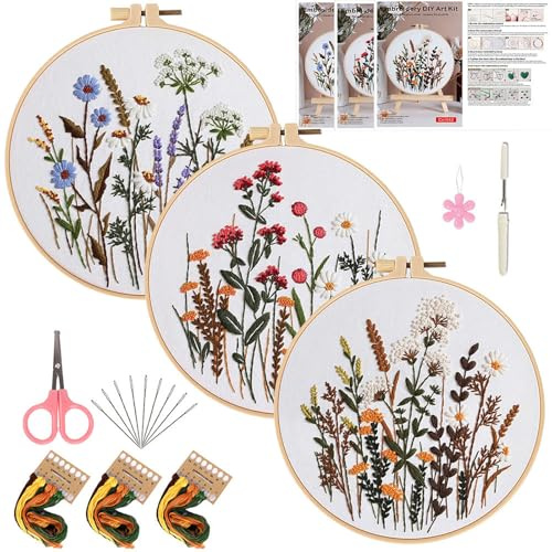 Herdiese Embroidery Kit for Beginners & Adults, 3PCS Floral Patterns. | Printed fabric, hoops, needles, threads, scissors included. Step-by-step guide. Hand stitching craft set for creative DIY.
