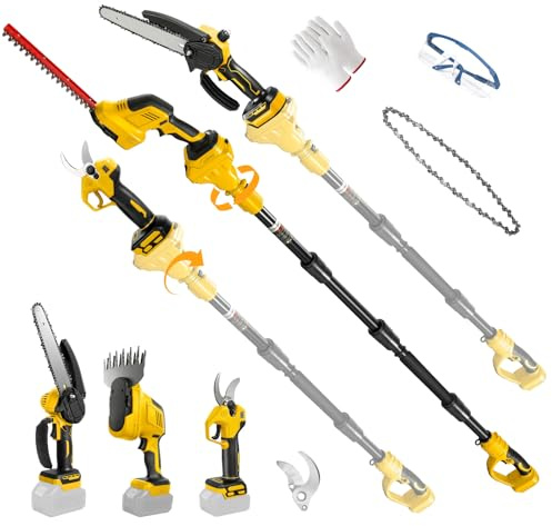 6-i-1 minimotorsåg & batteri grensax häcktrimmer teleskop för Dewalt 18 V, 20 V, 8 tums teleskopbeskärare grensåg, 28 mm elektrisk trädgårdssax, 31 cm gräs- och busksax, maximal räckvidd upp till 4,5