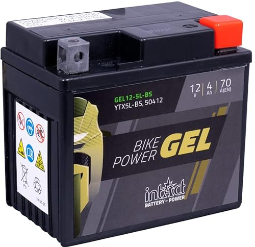 intAct - GEL MOTORRADBATTERIE Bike-Power GEL12-5L-BS. Ersetzt YTX5L-BS. Motorradbatterie 4Ah 70A. Maße: 113x70x105mm. Mit bis zu 30% mehr Startleistung.