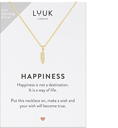 LUUK LIFESTYLE Halskette mit Feder Anhänger, Kette und Anhänger aus 925er Sterlingsilber, modernes und minimalistisches Modeaccessoire, trendiger Boho und Hippie Stil, Schmuck Geschenkidee, Gold