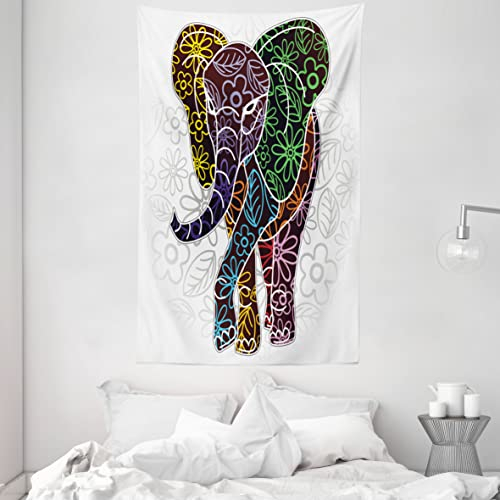 ABAKUHAUS Elefant Wandteppich und Tagesdecke, Floral Tribal Shapes aus Weiches Mikrofaser Stoff Waschbar ohne Verblassen Digitaldruck, 140 x 230 cm, Weiß Braun