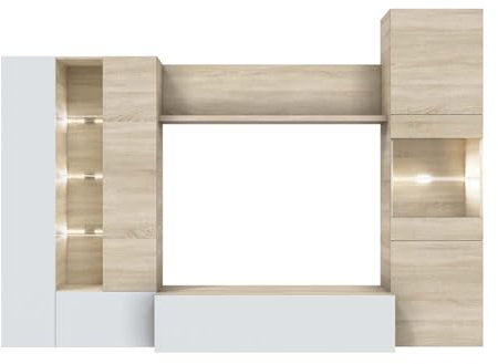 PEGANE Meuble TV Coloris Blanc Brillant/chêne Canadien en mélamine - Dim : 185 x 260 x 42 cm