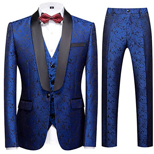 Sliktaa Homme Costume 3 Pièces Formel Jacquard Classique Châle Revers Mariage Business avec Un Bouton Smokings Casual Veste & Gilet & Pantalon